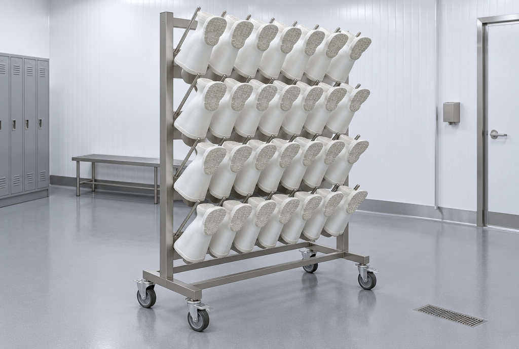 Product rendering of a mobile stainless boot rack
