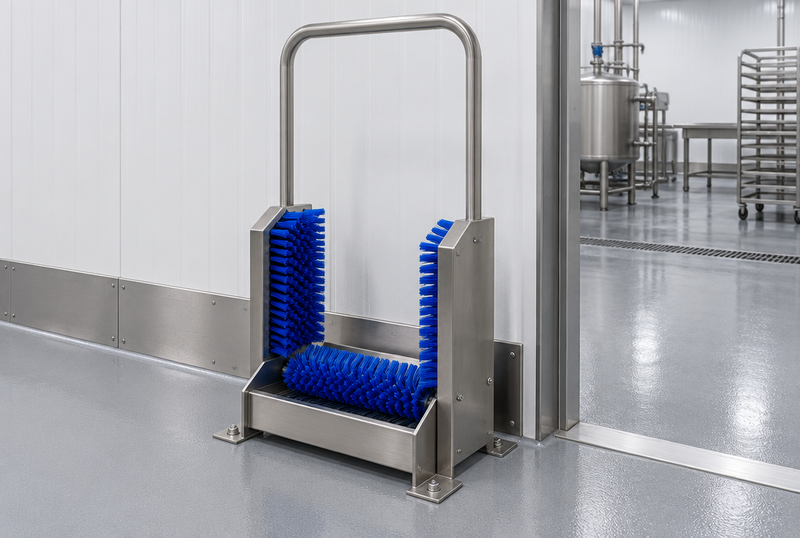Product rendering of a manual stainless boot scrubber