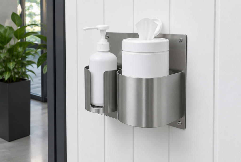 Product rendering of a wall mount stainless sanitizer station