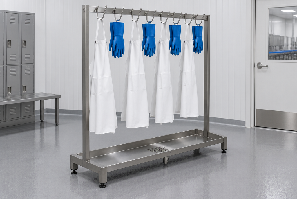 Product rendering of a stainless apron and glove drying rack