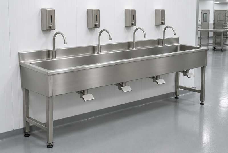 Product rendering of a multi station hands free stainless hand wash trough