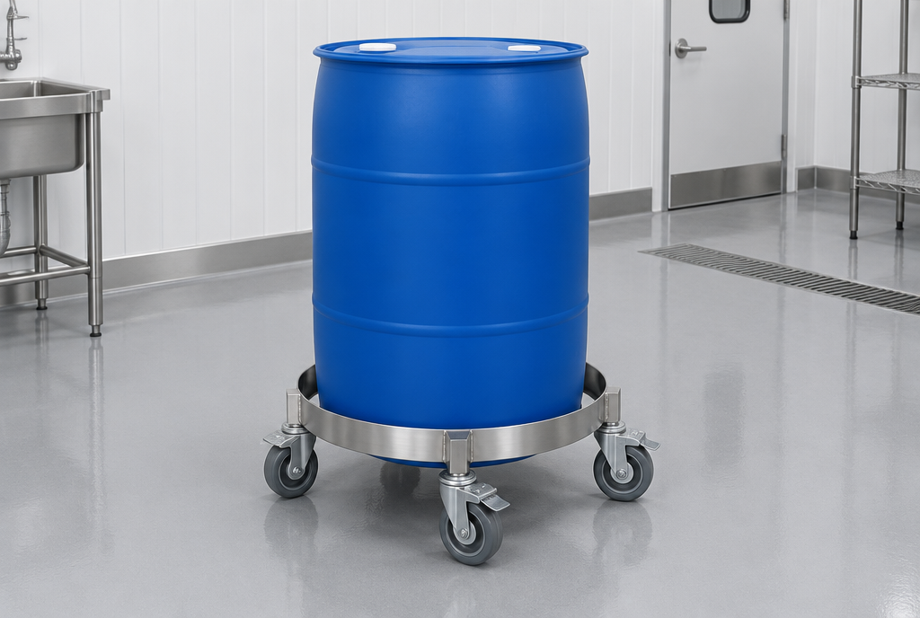 Product rendering of a stainless 55 gallon drum dolly